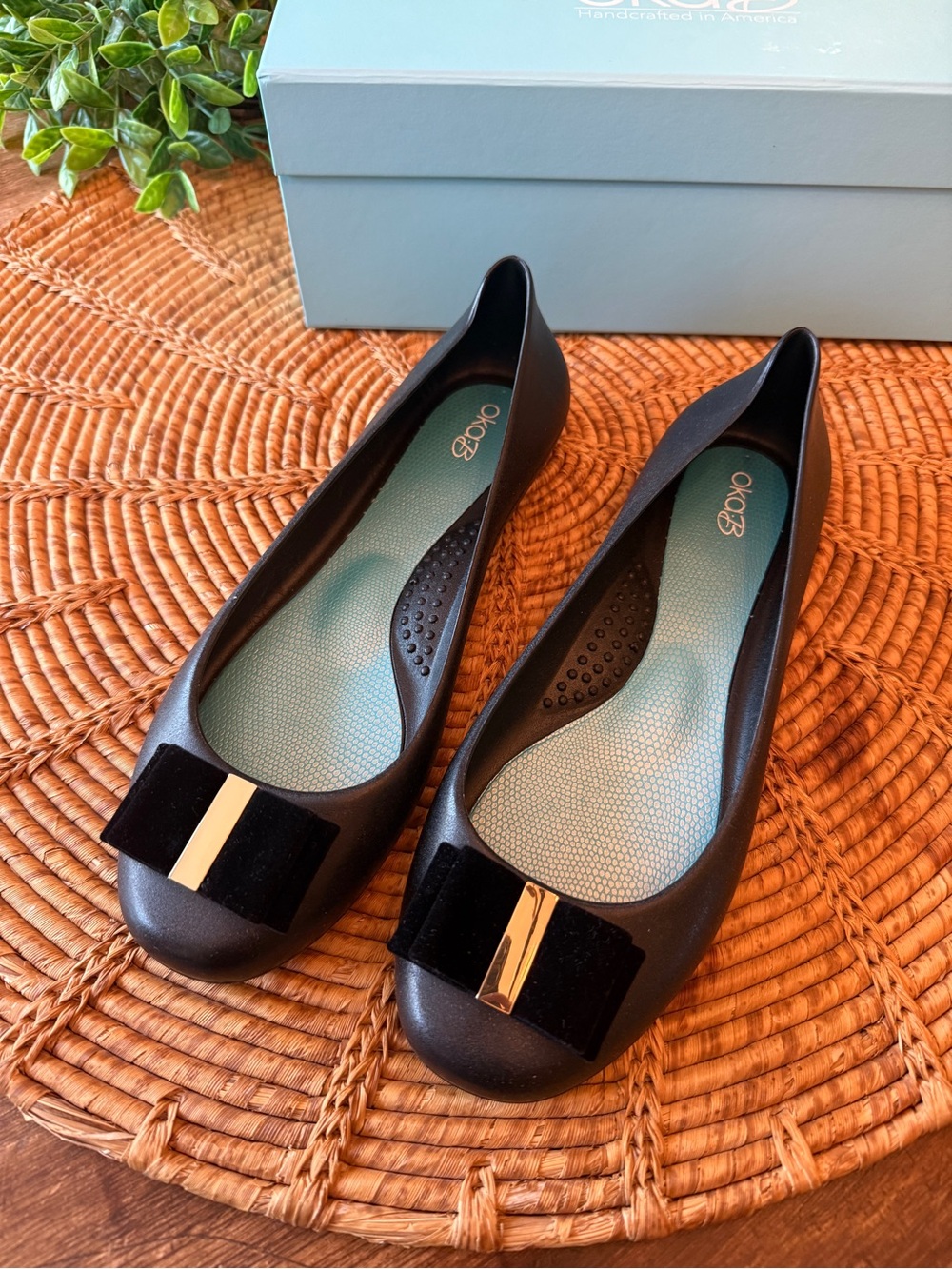 New OKA b. “Mari Licorice” Black Velvet Bow-Trim Ballet Flats with Gold Accent